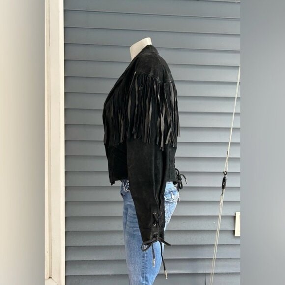 Vintage Retro 80s Black Suede Cropped Fringe Concho Cowgirl Western Jacket~M~ - Picture 3 of 8